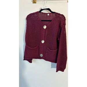 Women's Burgundy Cardigan Sweater S Chunky Knit Casual